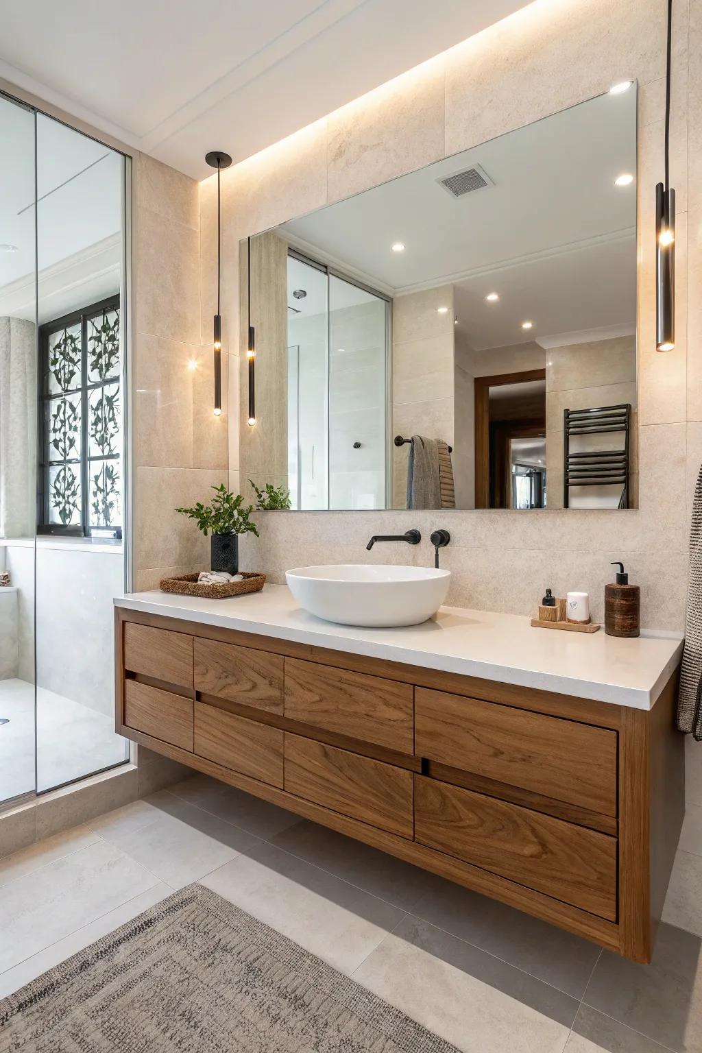 Elegant suspended wood sink area for a up-to-date bathing area