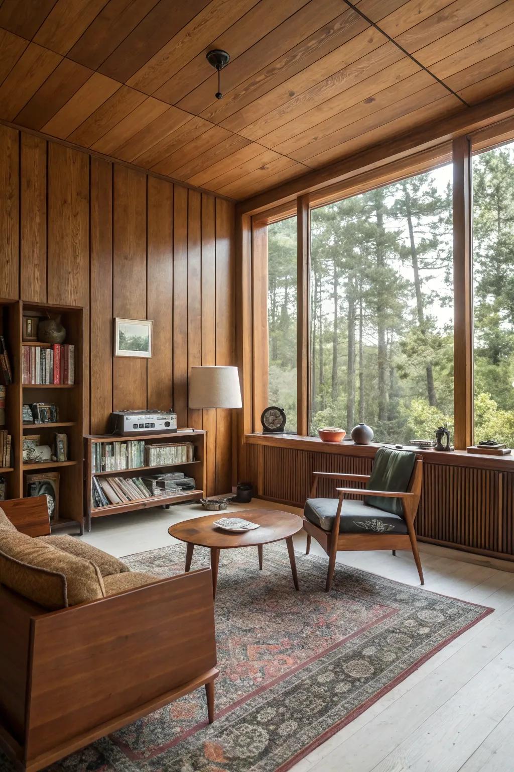 Mid-century modern wood paneling adds retro charm.