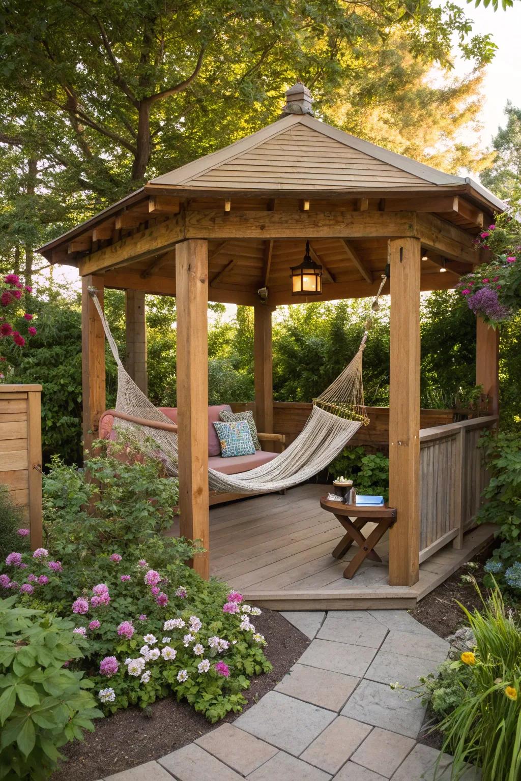 An enchanting timber gazebo, perfect for relaxation.