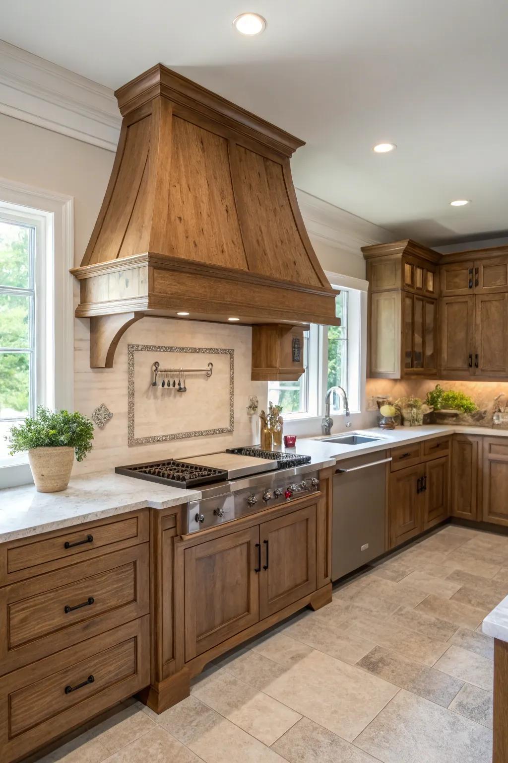 Incorporate timber range hoods with cabinetry for a consistently designed space.
