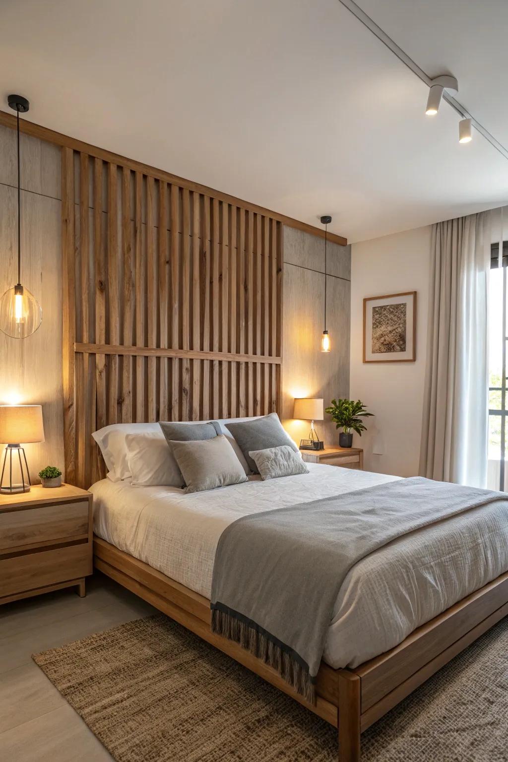 Design a cozy retreat with a wood slat headboard.