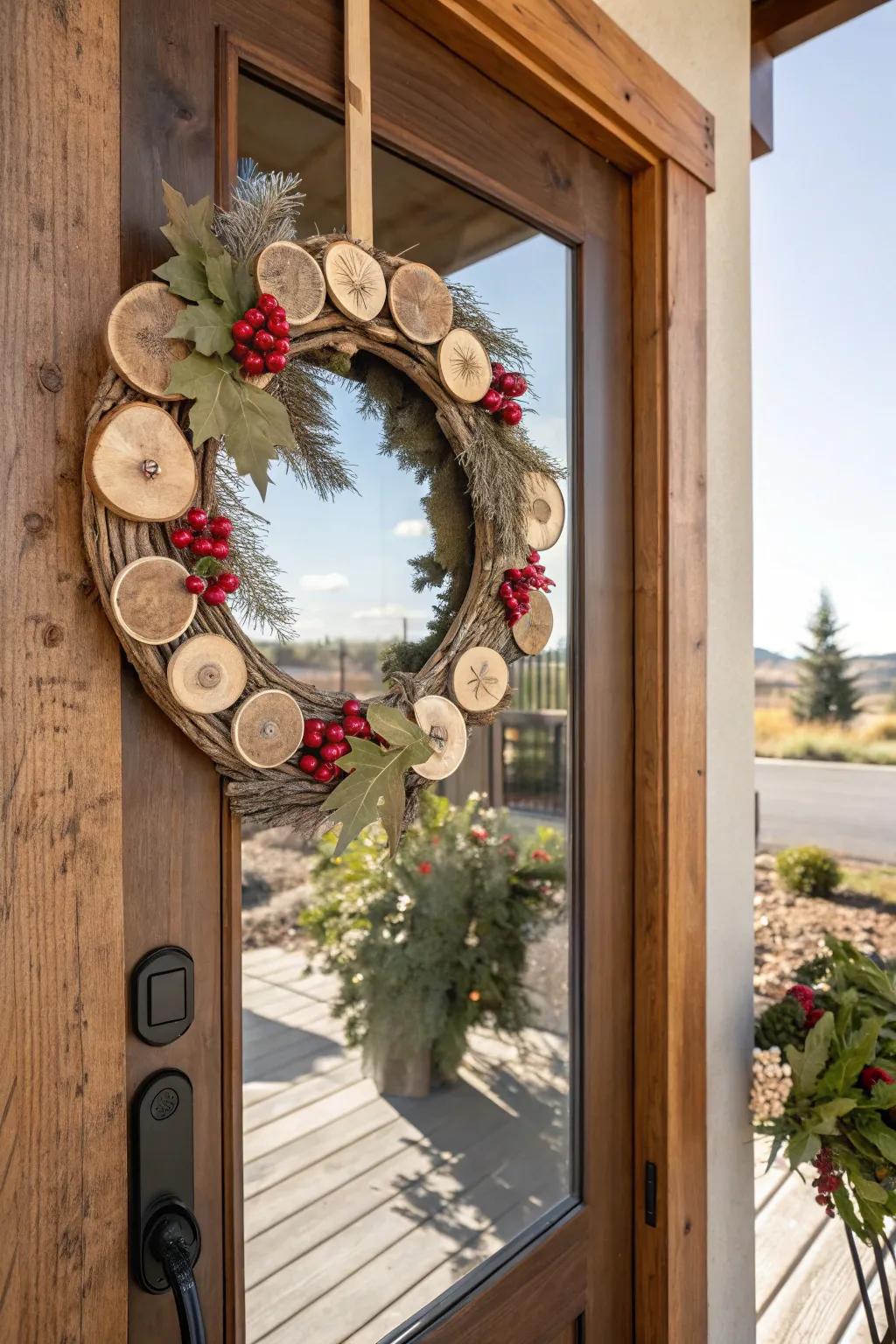 The seasonal rotation shown with wood rounds wreaths, for year-round freshness.