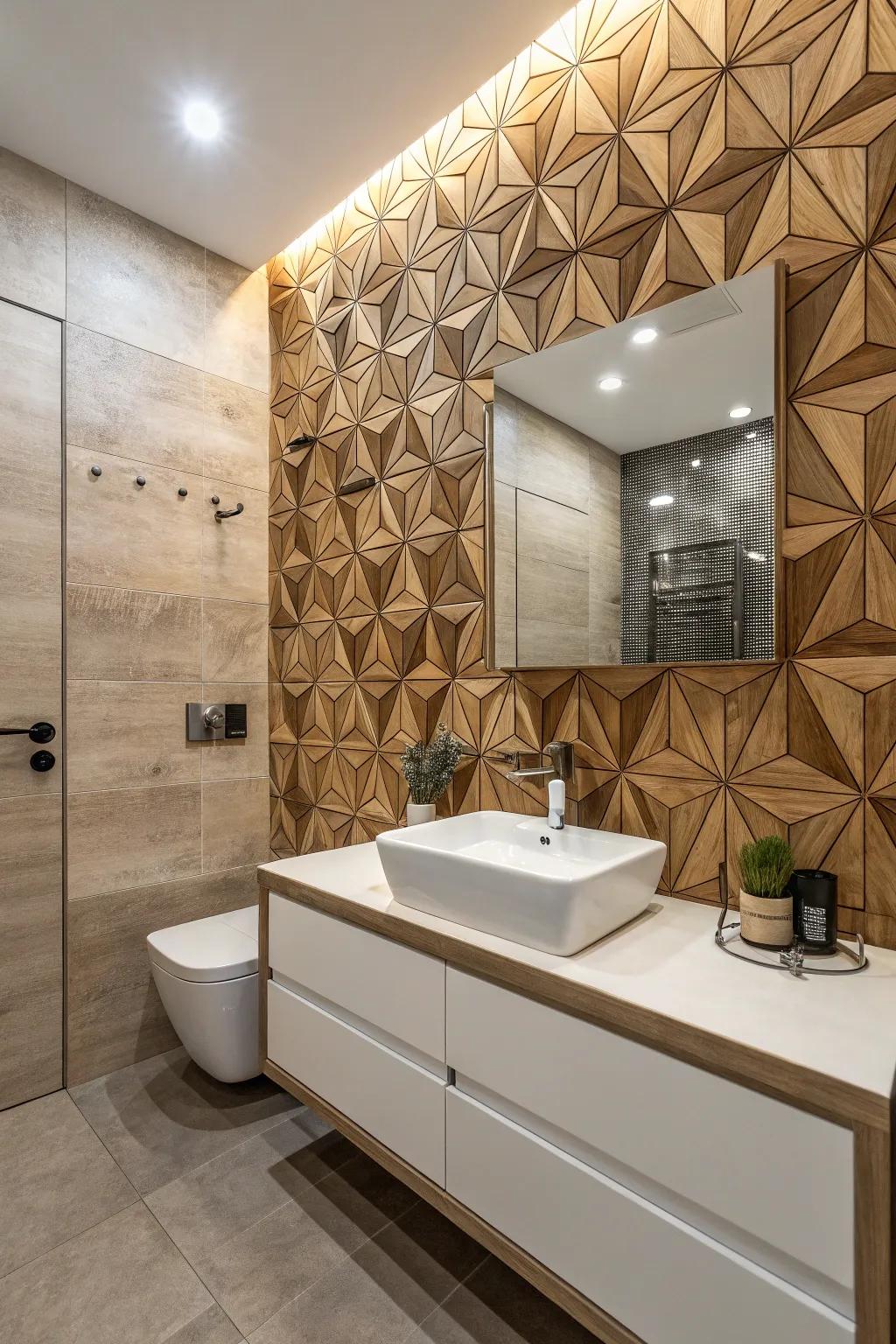An artistic touch with patterned wood tiles in a modern bathroom.