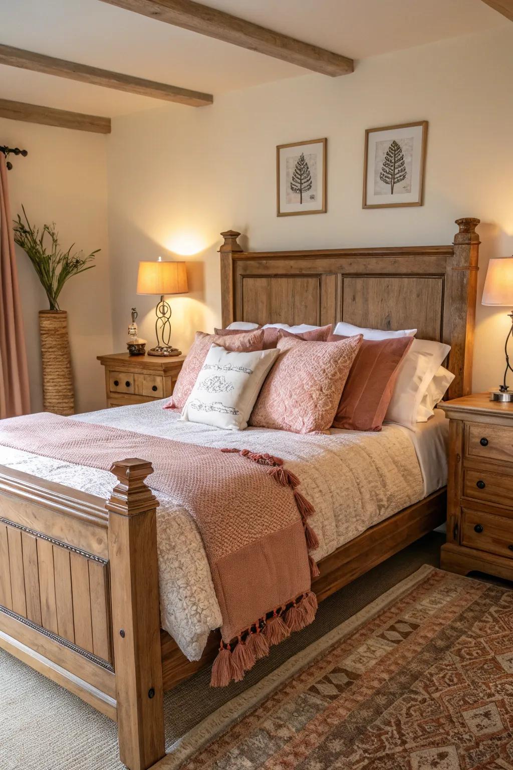 A comfortable wooden bed featuring welcoming decor.
