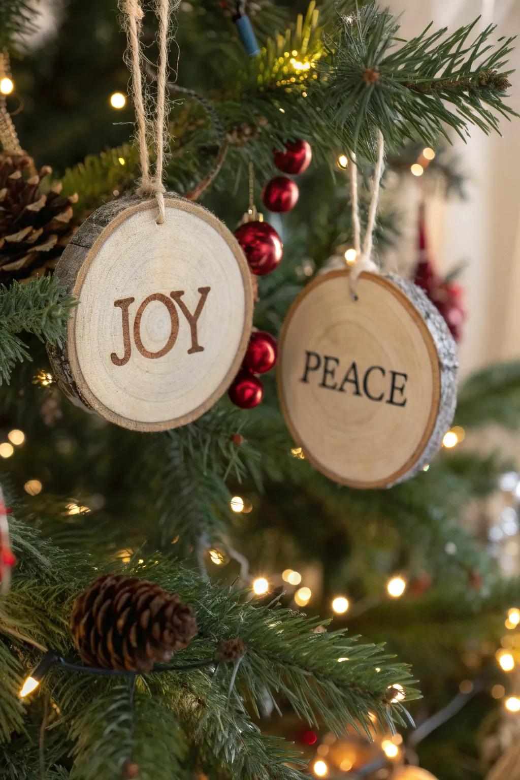 Holiday sayings stenciled onto wooden disc ornaments.