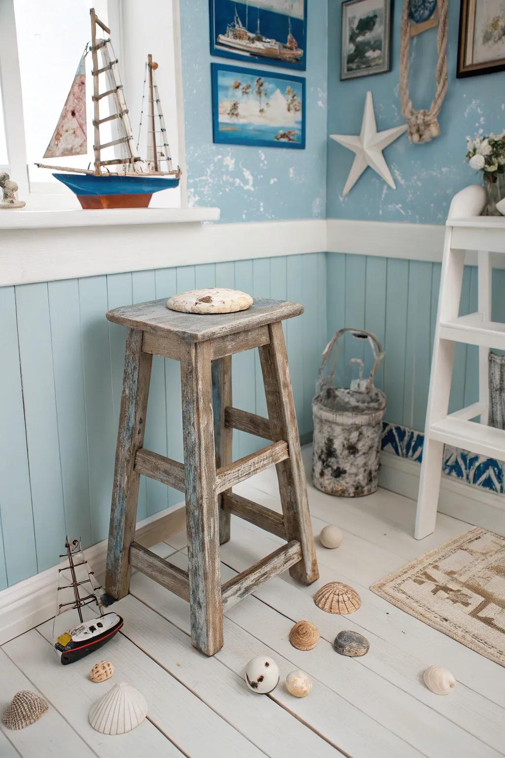 Capture the essence of coastal vibes with this wonderfully weathered wooden stool.