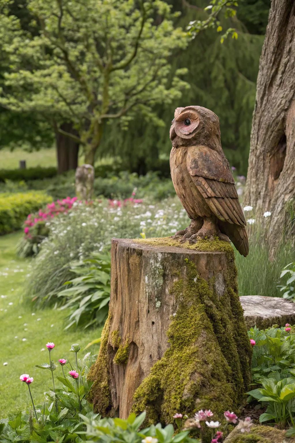 A timber owl figure offers countryside charm to this garden.