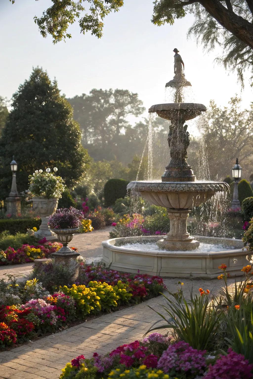 An artistic sculptural fountain serving as a captivating garden centerpiece.