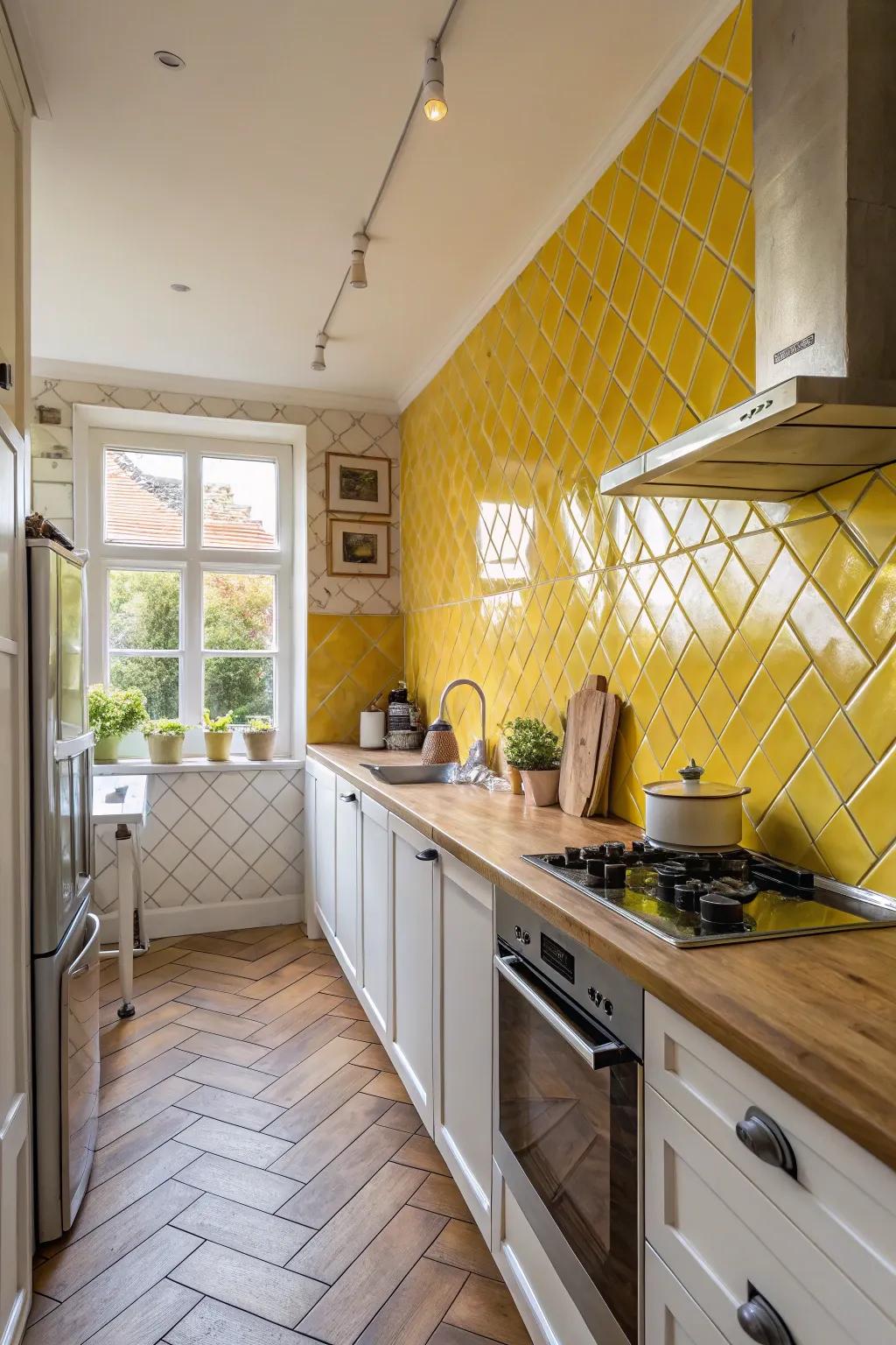 Diagonal goldenrod rectangular tiles impart a contemporary twist to tradition.