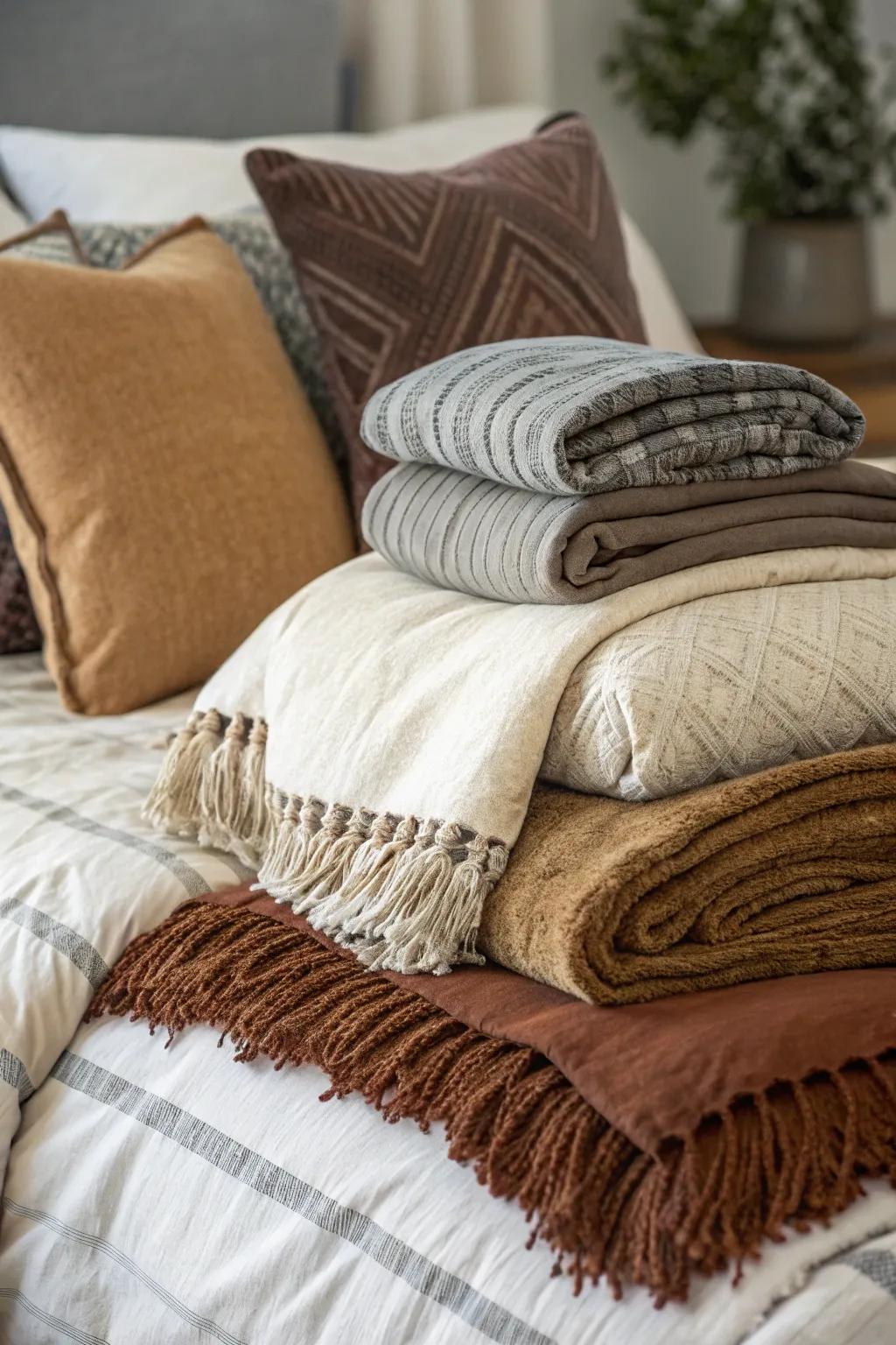 Comforting layered materials create a welcoming and snug bed.