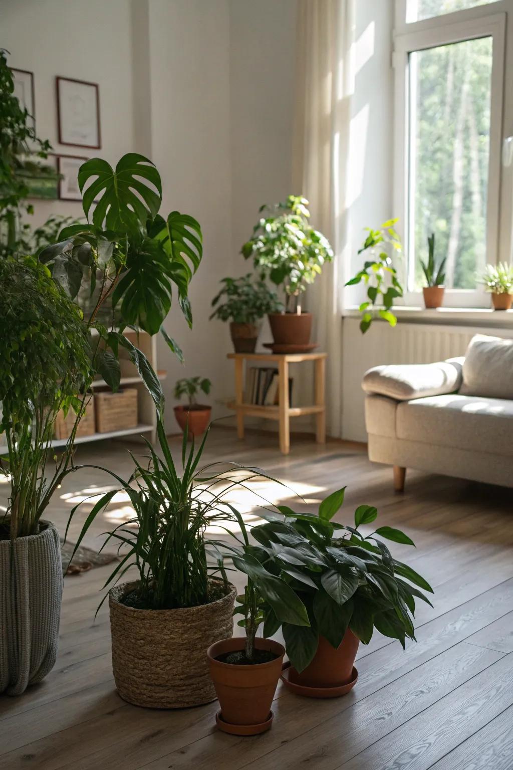 Green plants add life and purify the air in a zen space.