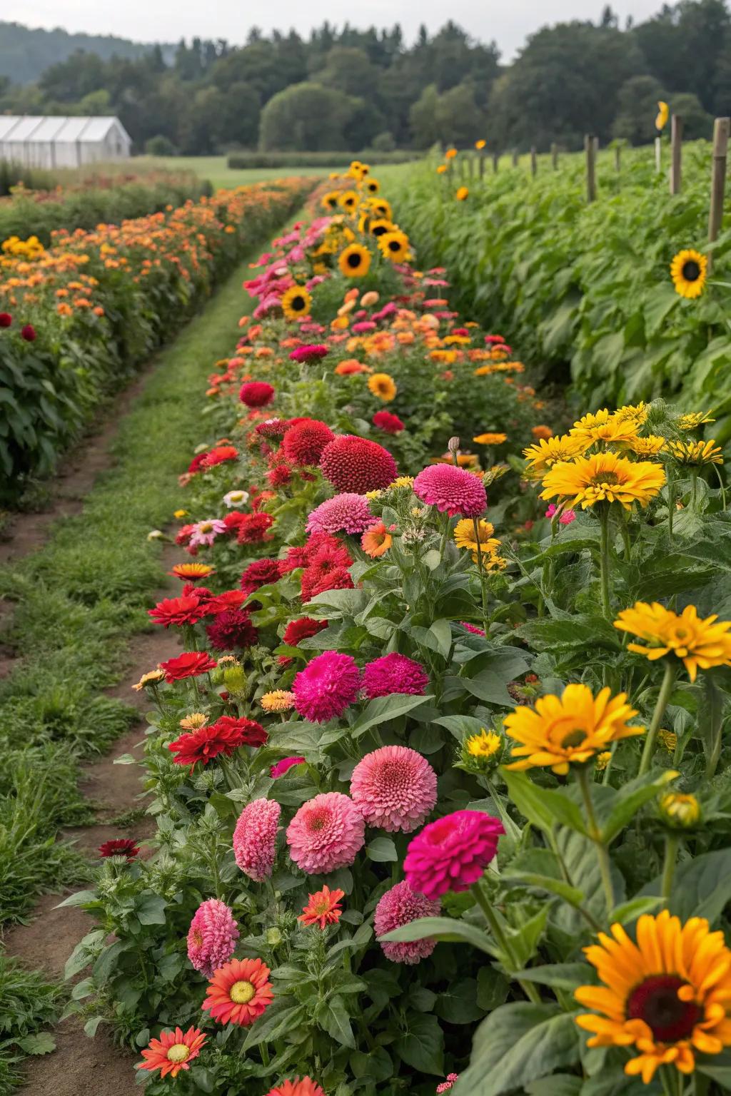 Neat rows of zinnias, sunflowers, and dahlias in an organized cutting garden.
