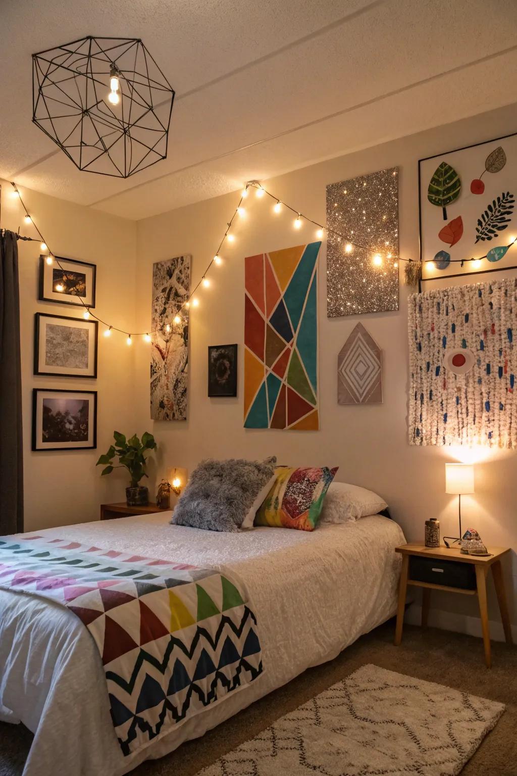 Artistic wall decor matched with LED details for a tailored touch.