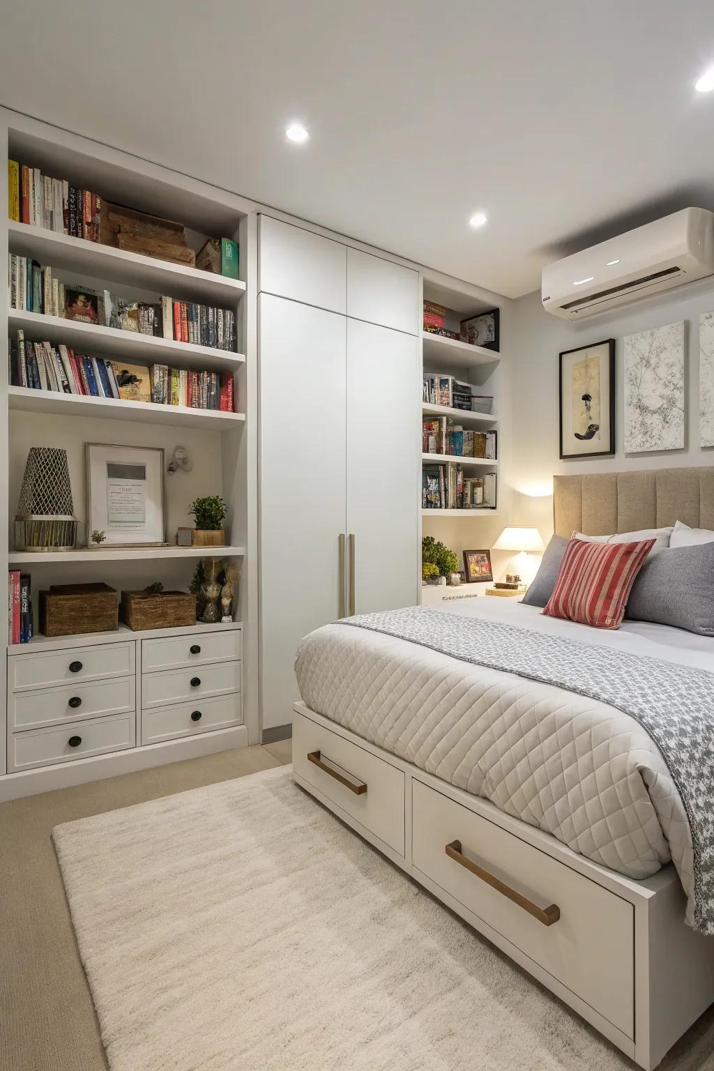 Clever storage options maintain living areas arranged and efficient.