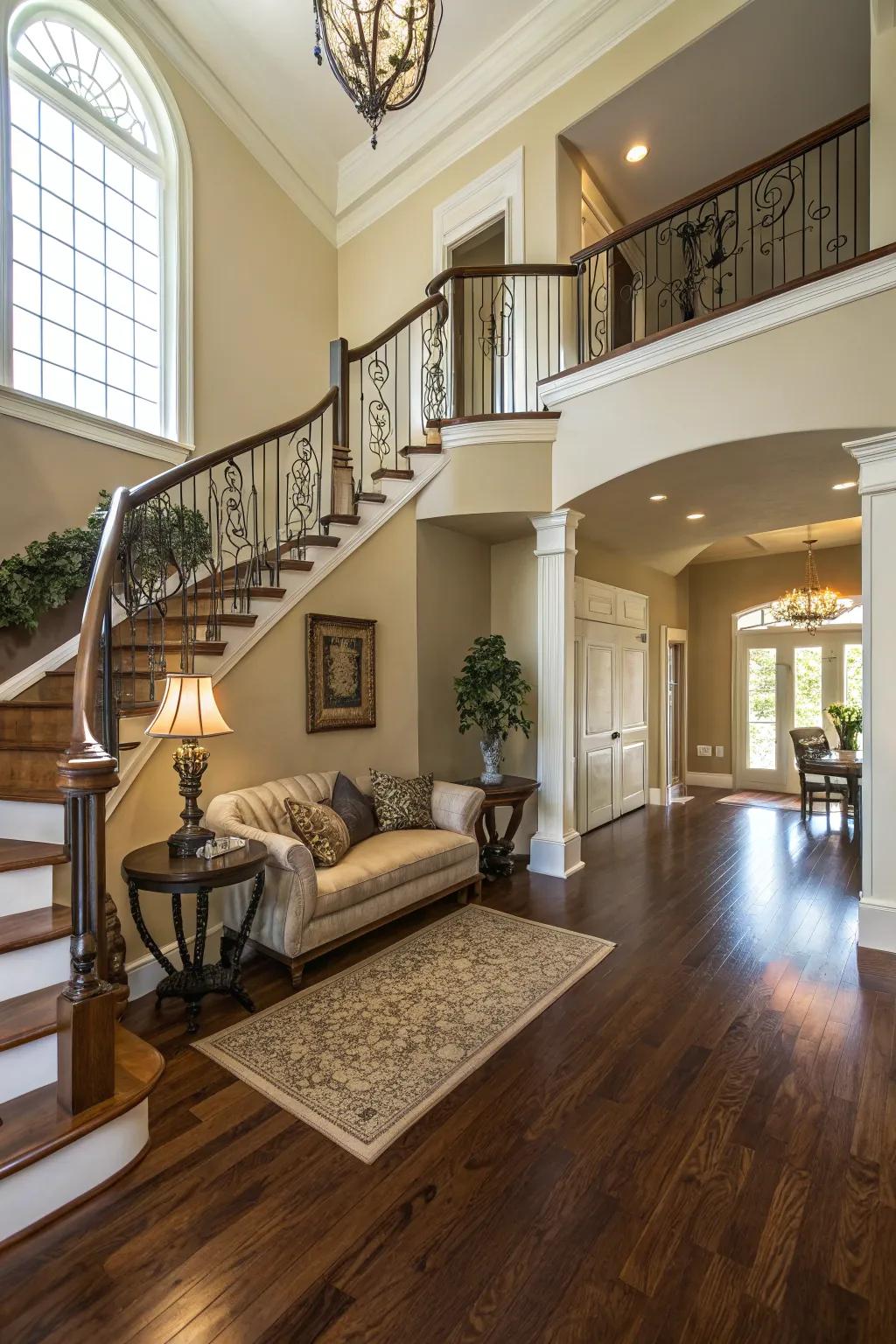 Lush wood flooring adds sophistication to the entryway.