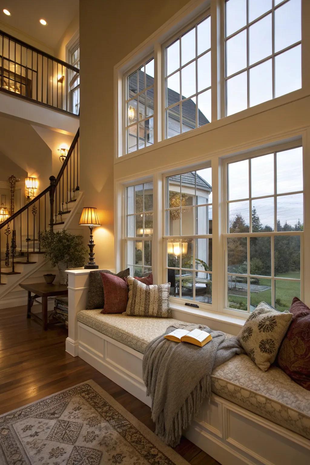 A charming window seat offers a cozy nook with a view.