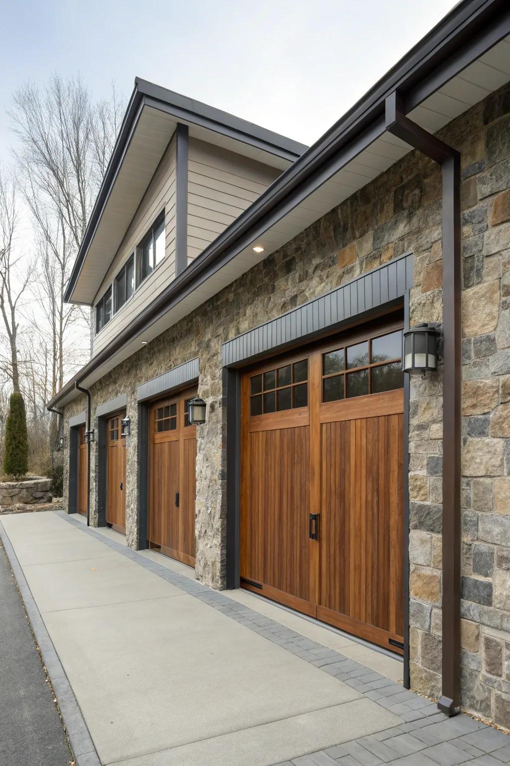 A stunning mix of materials creates a unique garage outer surface.