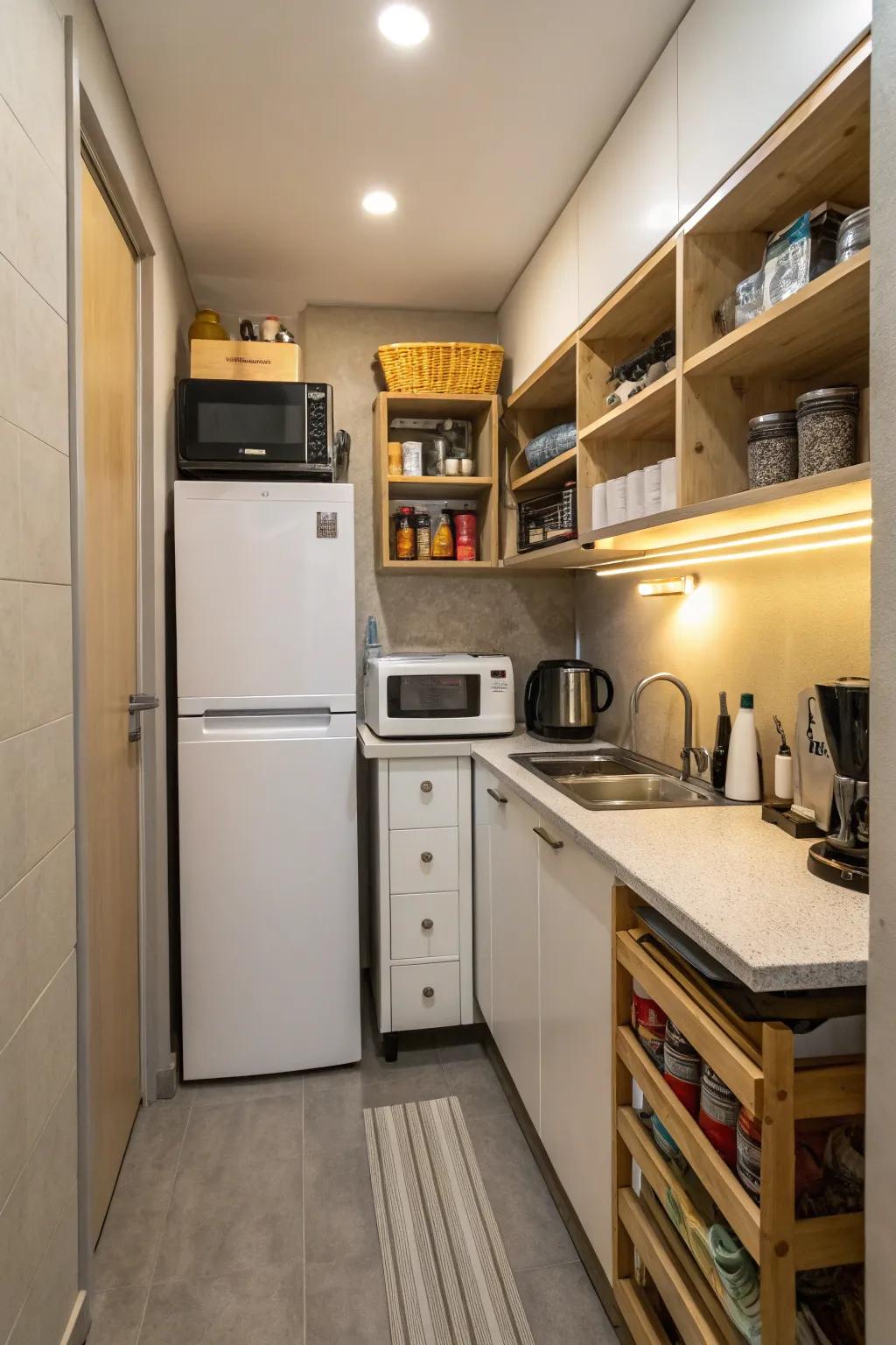 A compact kitchen features small appliances and vertical storage.
