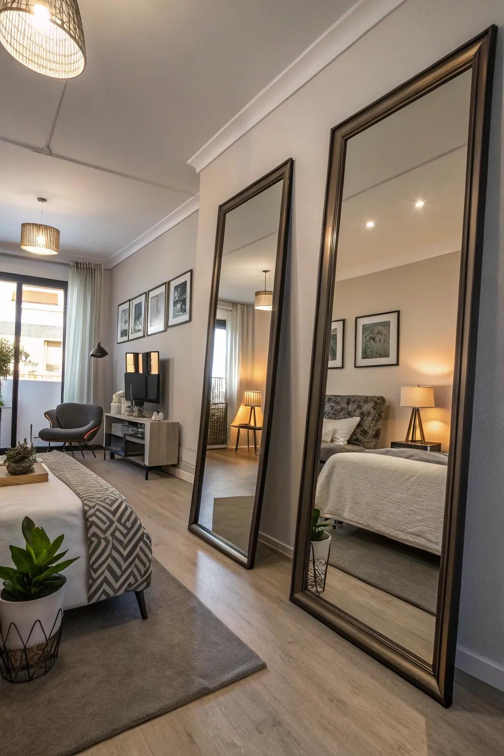 Decorative mirrors might be your secret tool to visually enlarge your studio area.