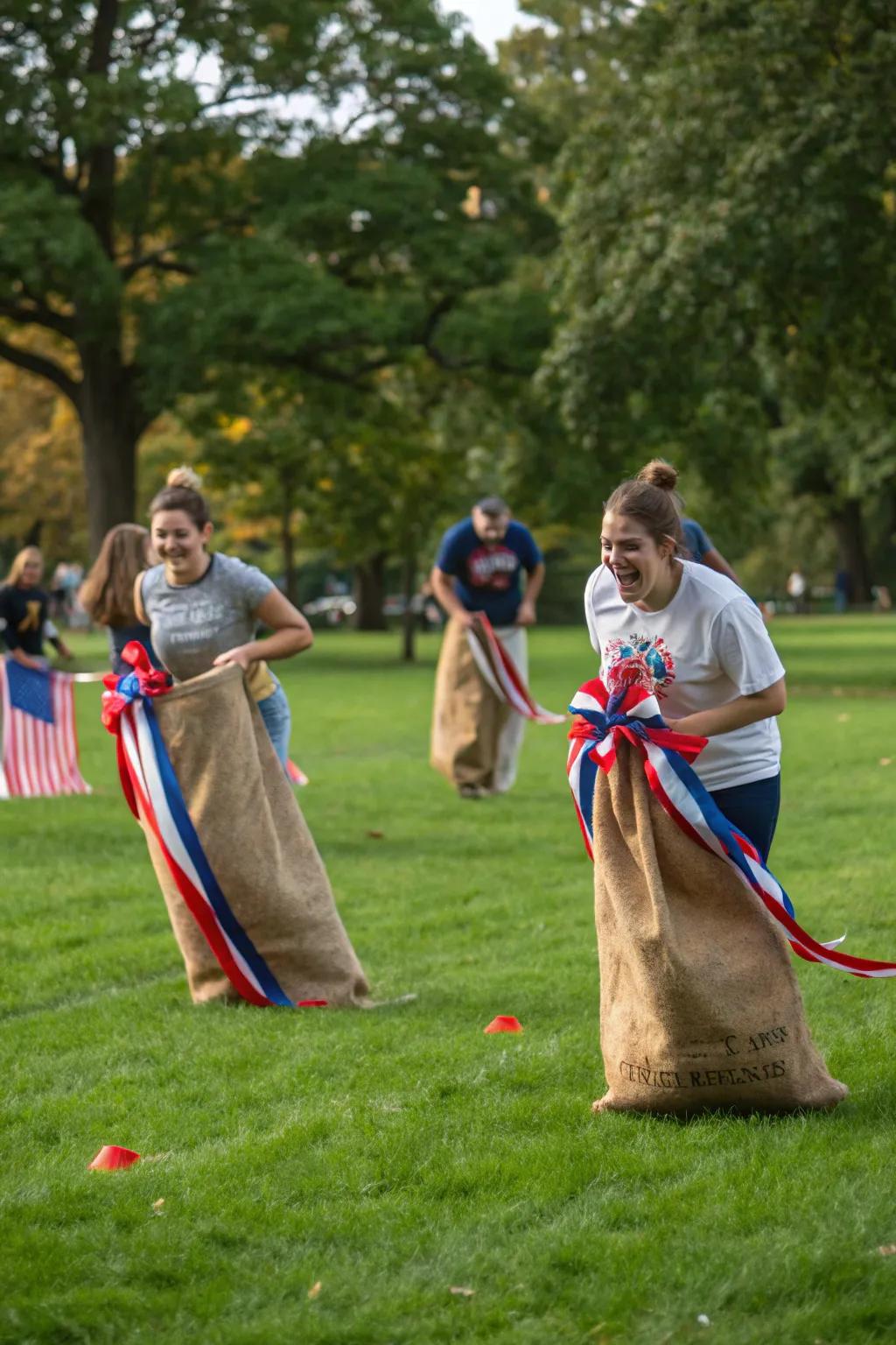 Guests enjoy a fun and festive sack race with a patriotic twist.