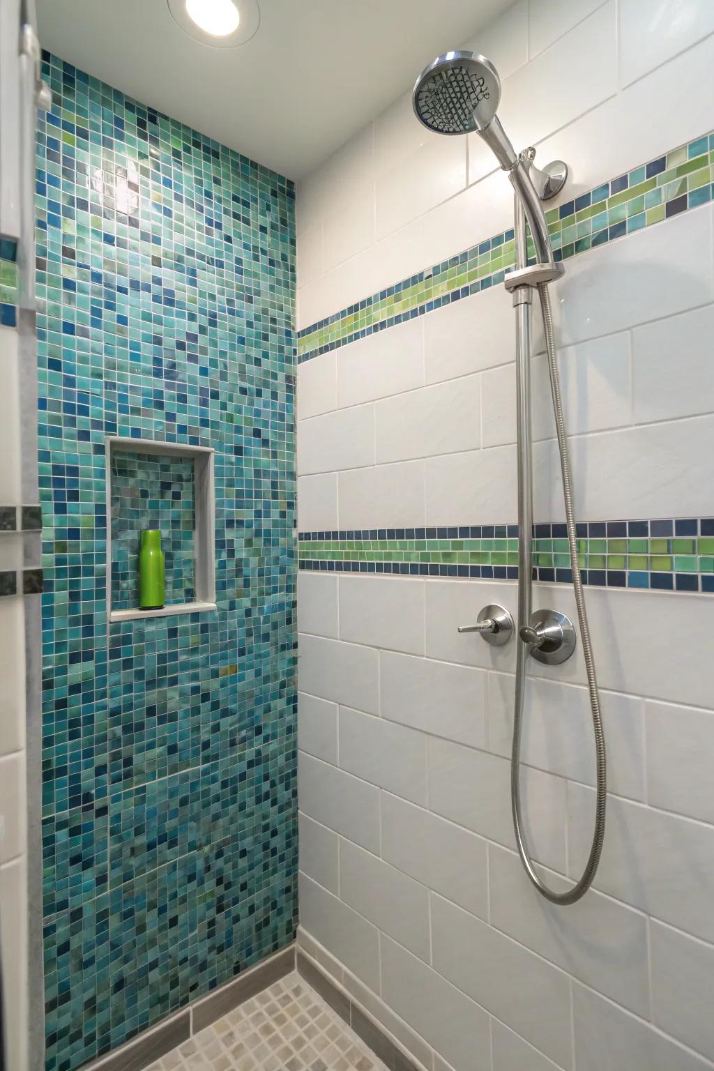 Art pieces lend tactile charm and visual intrigue to a small bathing space.
