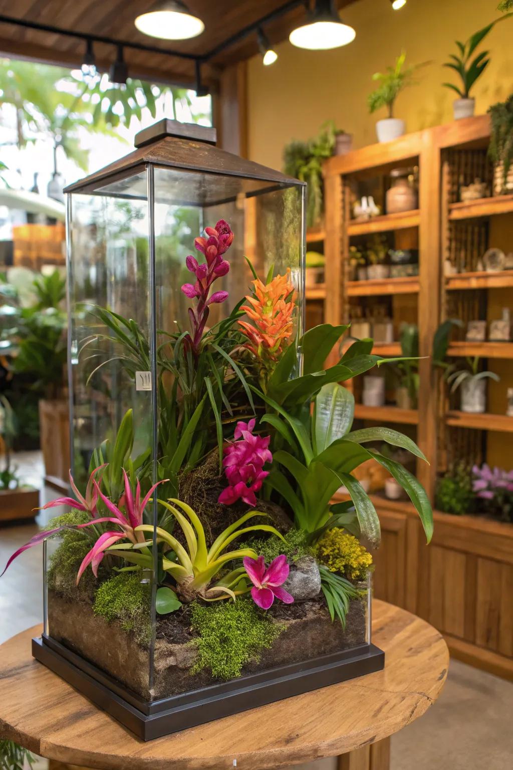 An exotic getaway terrarium with vibrant orchids.