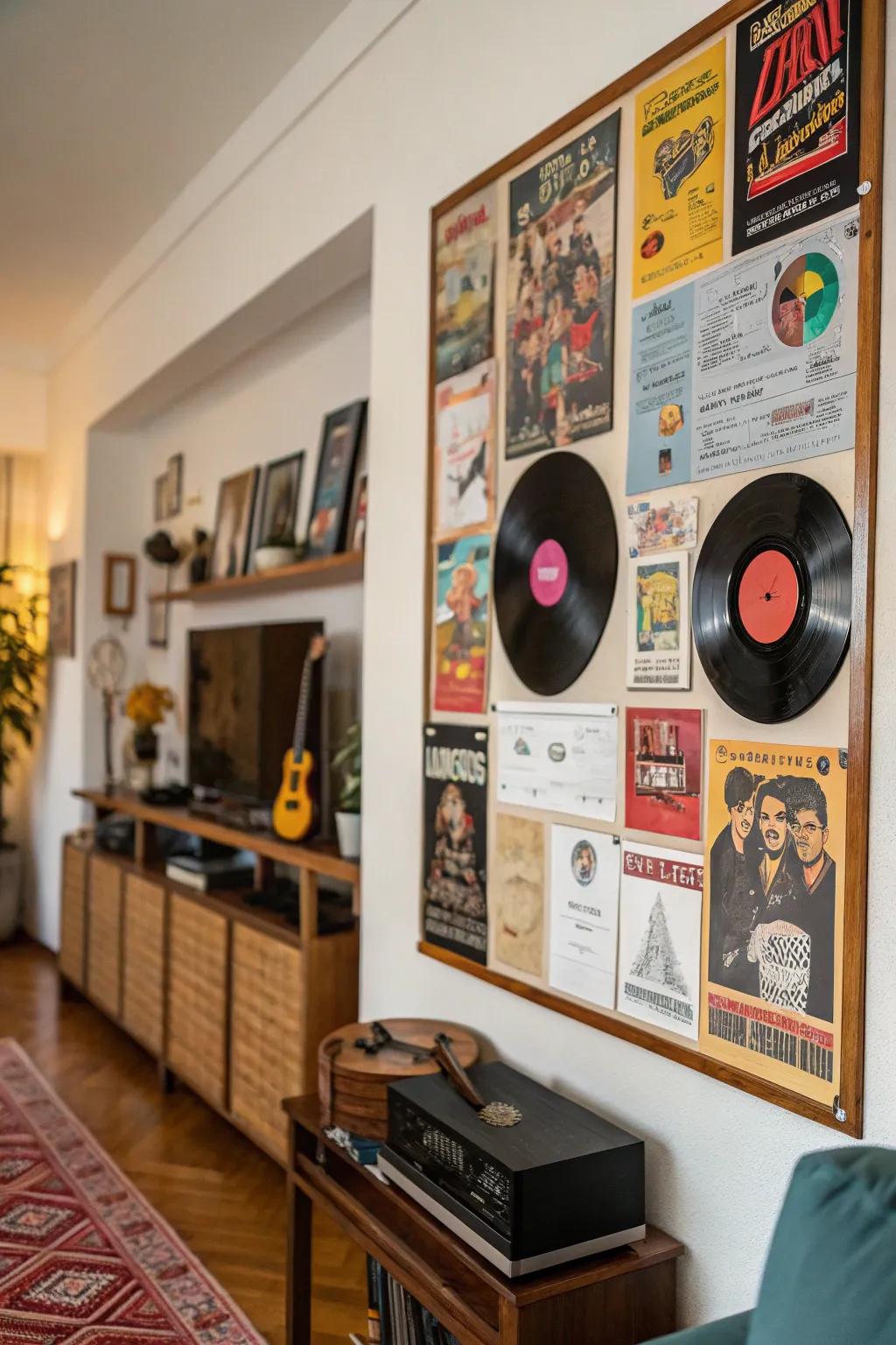 A music-inspired pinboard showcasing 80s sheet music and record sleeves.
