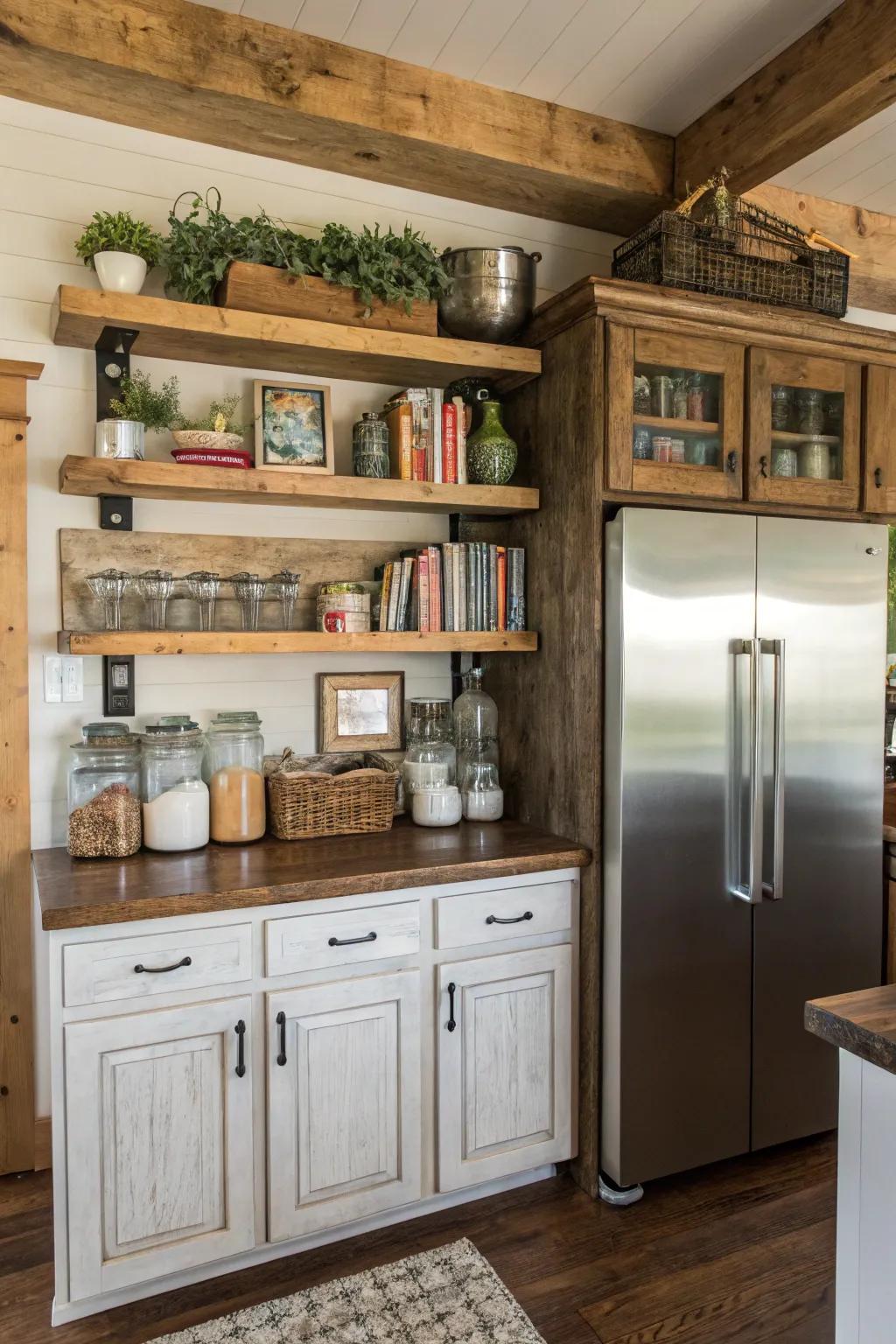 Country shelves bring charm and utility over the refrigerator.