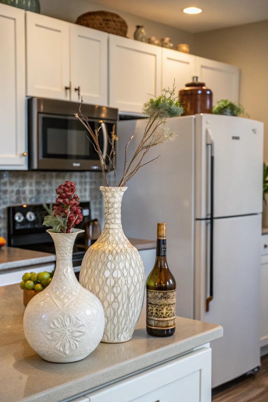 Add elegance with different vases and bottles.