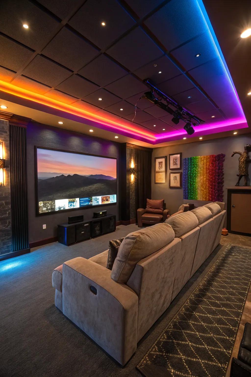 Colorful supplemental lights enhance media room experiences.