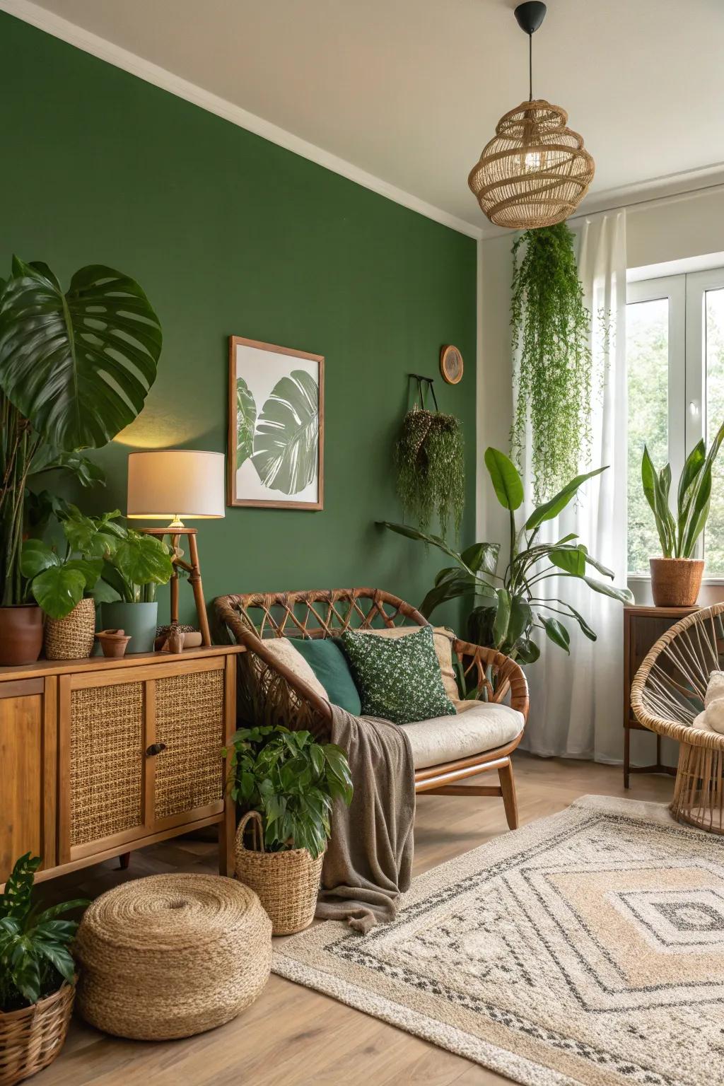 A revitalizing living space featuring a nature-inspired verdant accent wall.