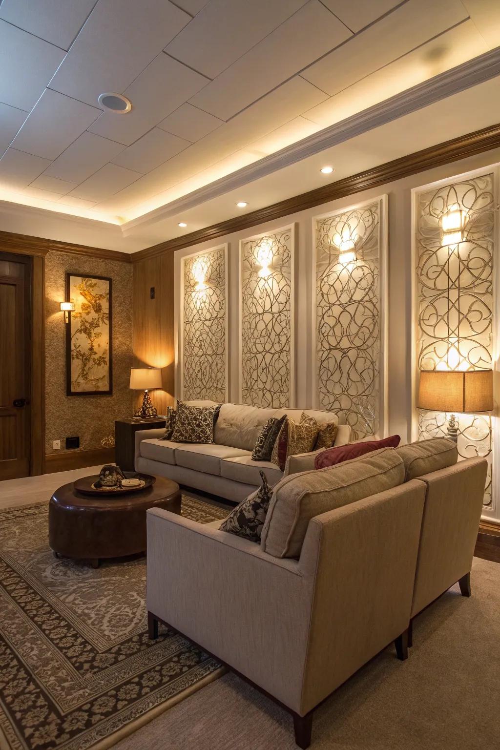 A lounge featuring feature wall panels and integrated illumination.