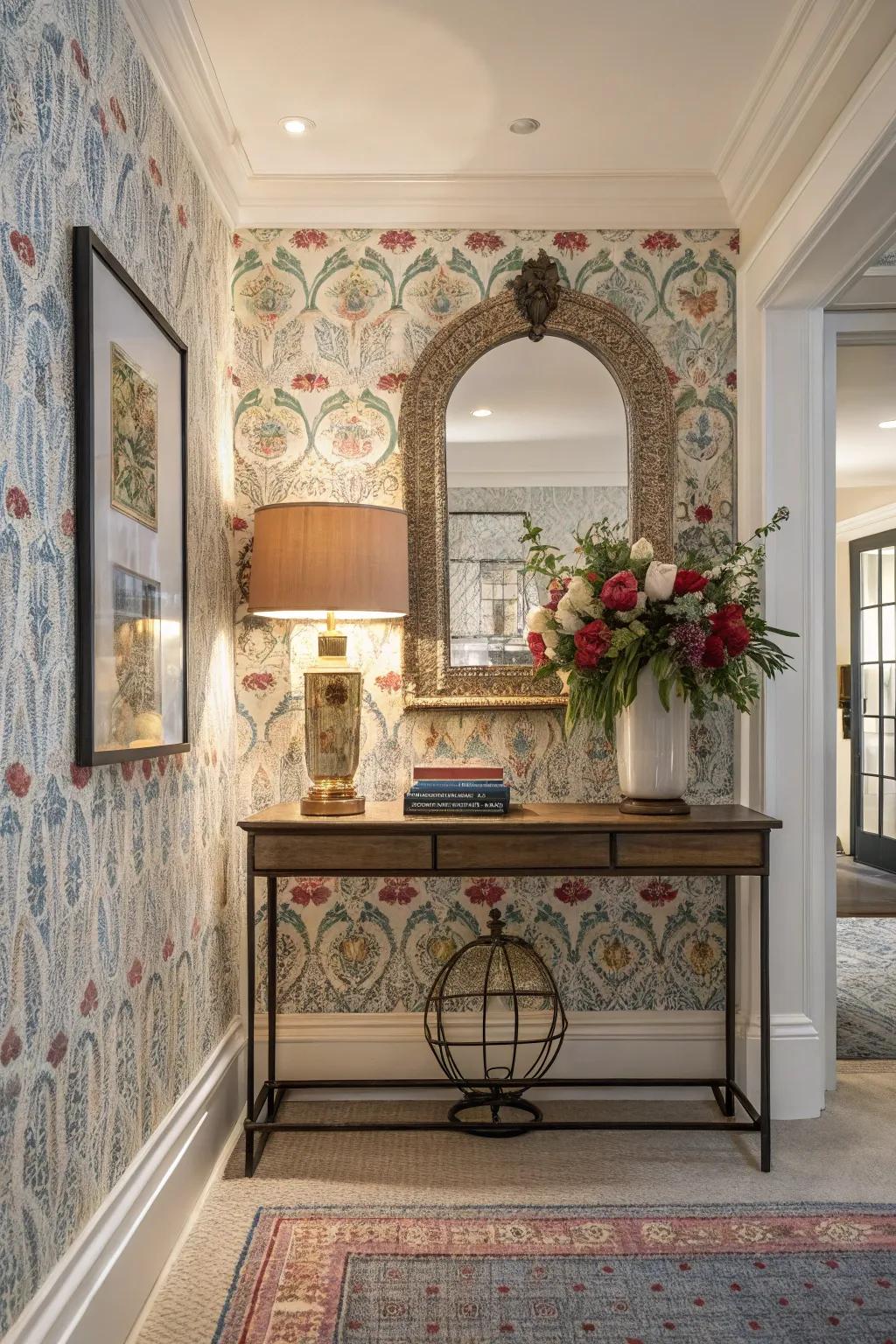 Art-inspired wallpaper creates a welcoming atmosphere in a stylish entryway.