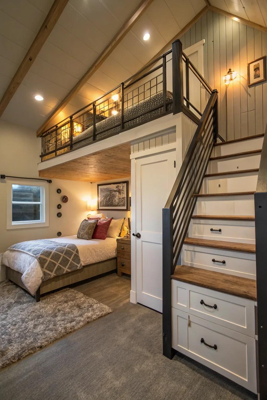 Elevated bedrooms make smart use of vertical space in ADUs.