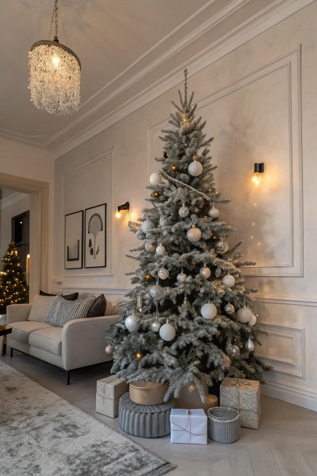 A fashionable and modern, minimalistic Christmas tree featuring decorations of one color.