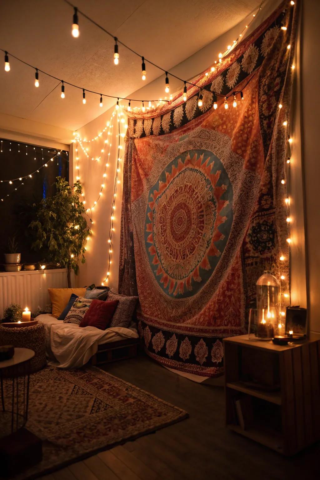 Ambient lighting enhances tapestry designs.