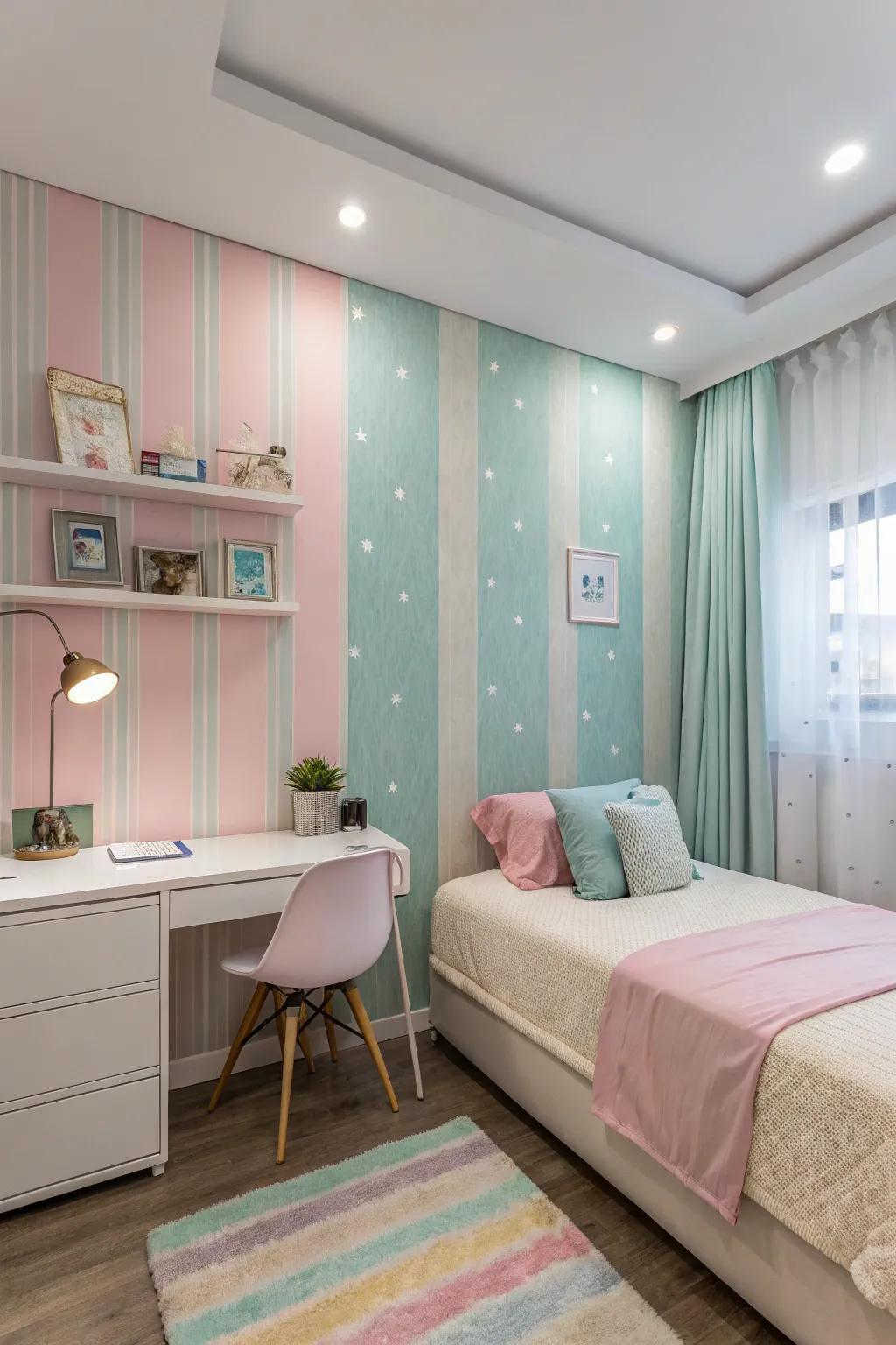 Subtle wallpapers offer a gentle palette for a peaceful retreat.