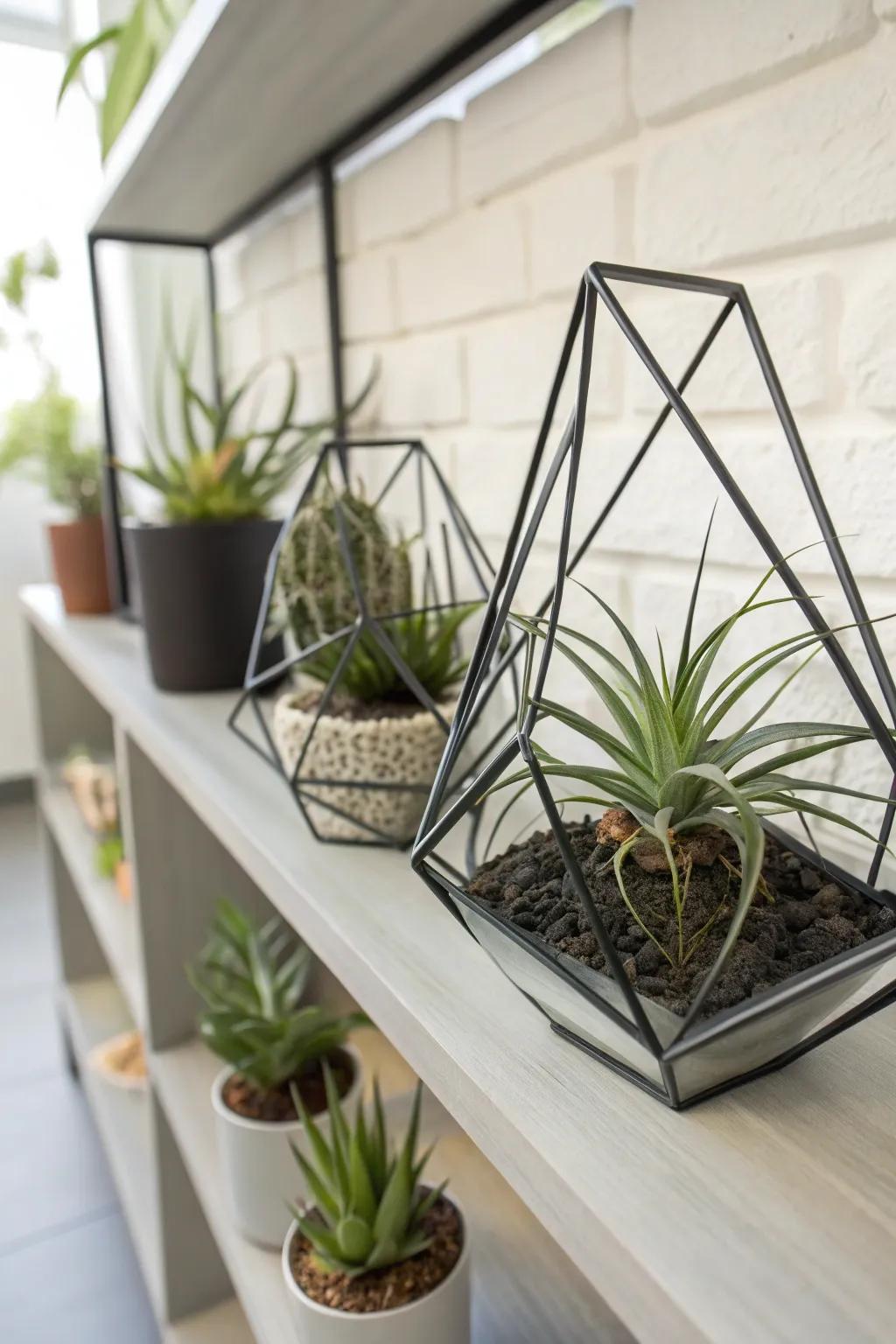 Air plants nestled within modern geometric structures, creating a striking visual.