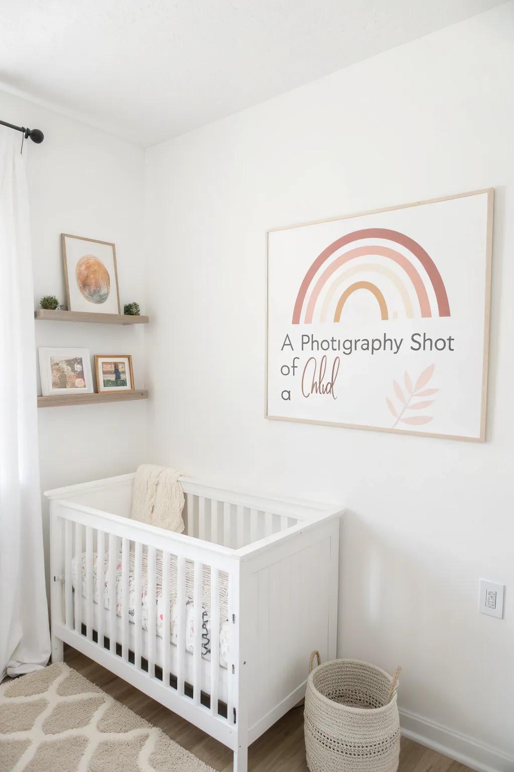 Understated wall art contributes a personalized charm to a white nursery.