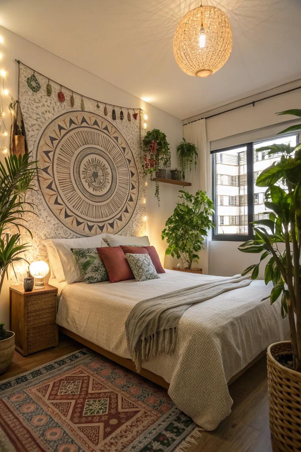 Lush indoor plants and ornamental wall art adorn this apartment bedroom.