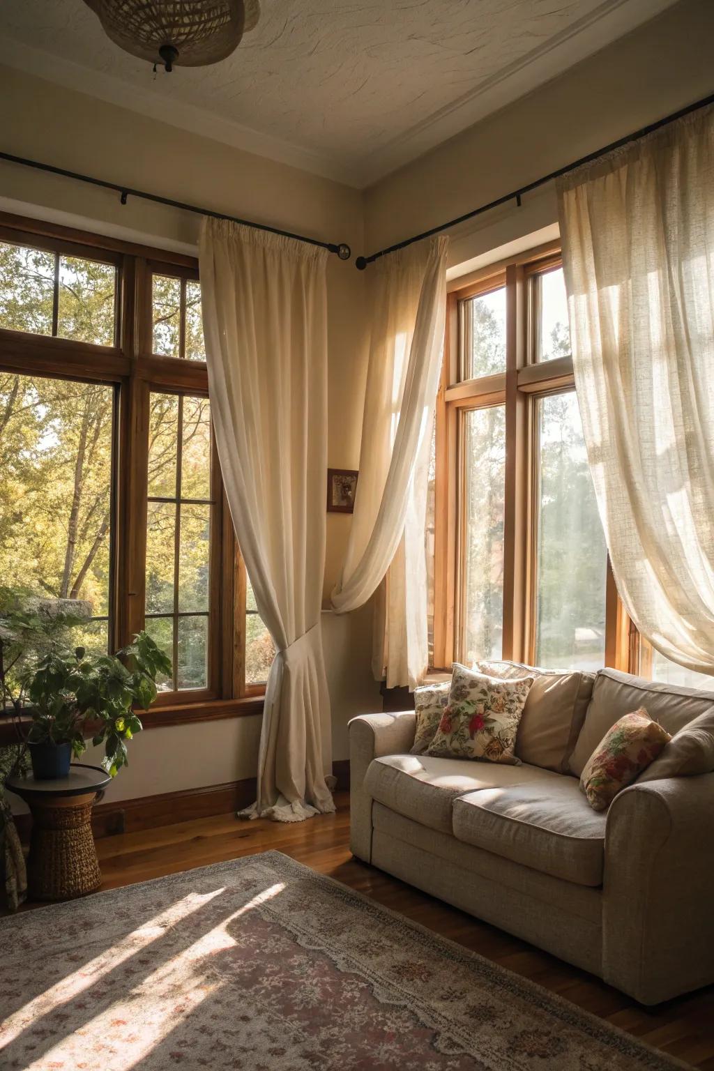 Sunlight bathes this small living space, amplifying its spacious quality.