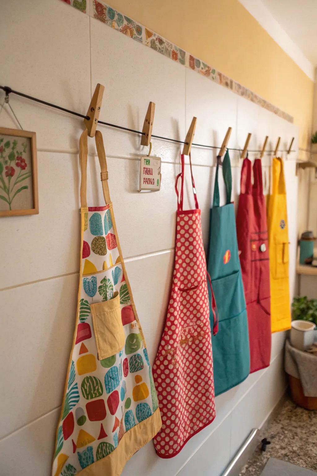 A vibrant clothesline of aprons conveys nostalgia and allure.