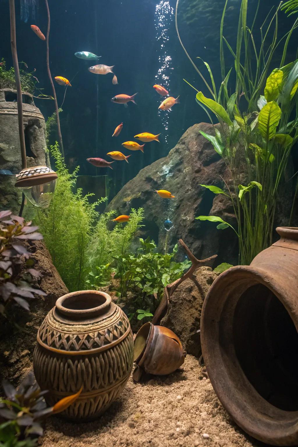 Pottery pieces contribute texture and engagement to the underwater domain.