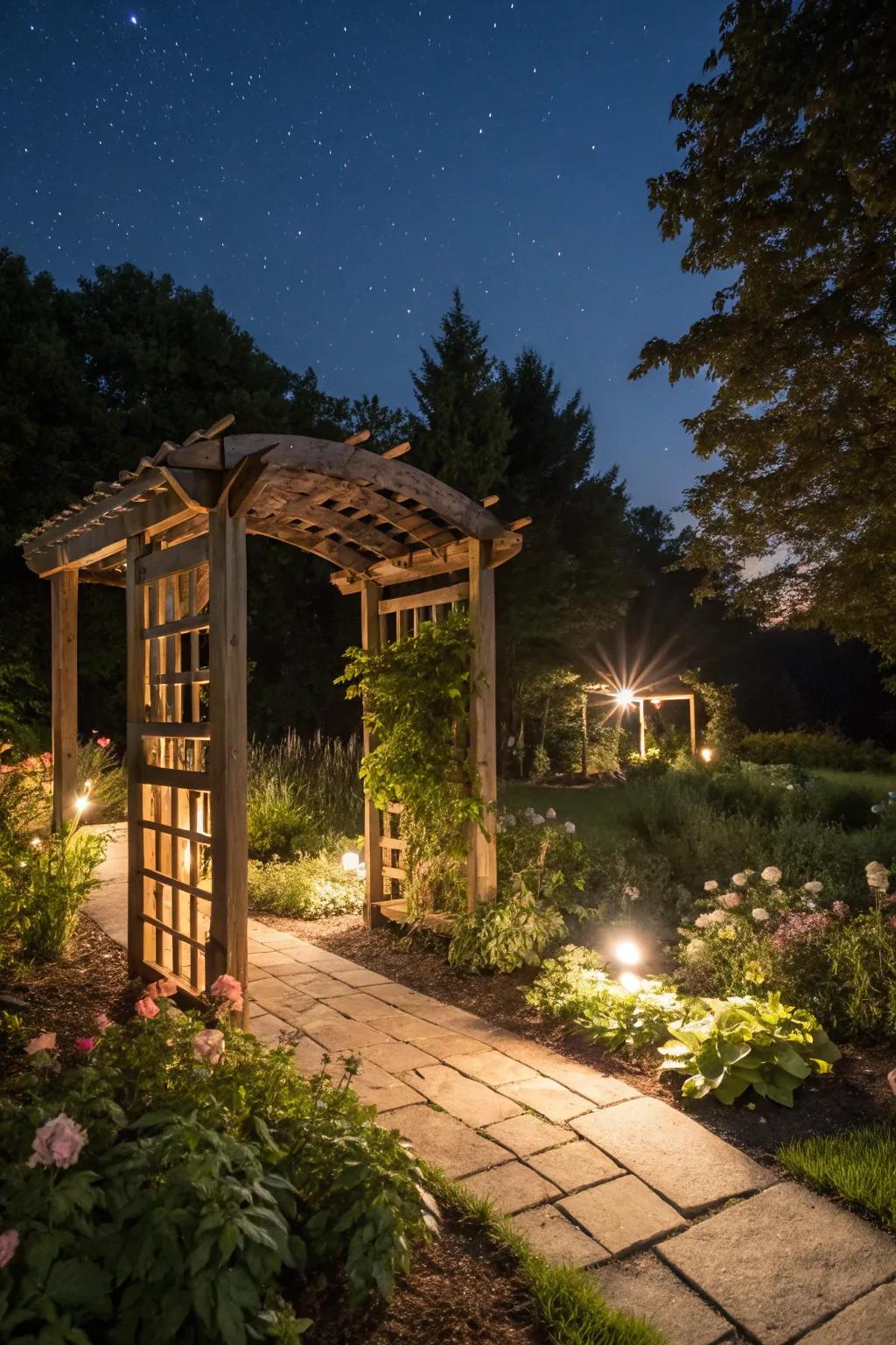 An illuminated archway creating a magical nighttime garden ambiance.