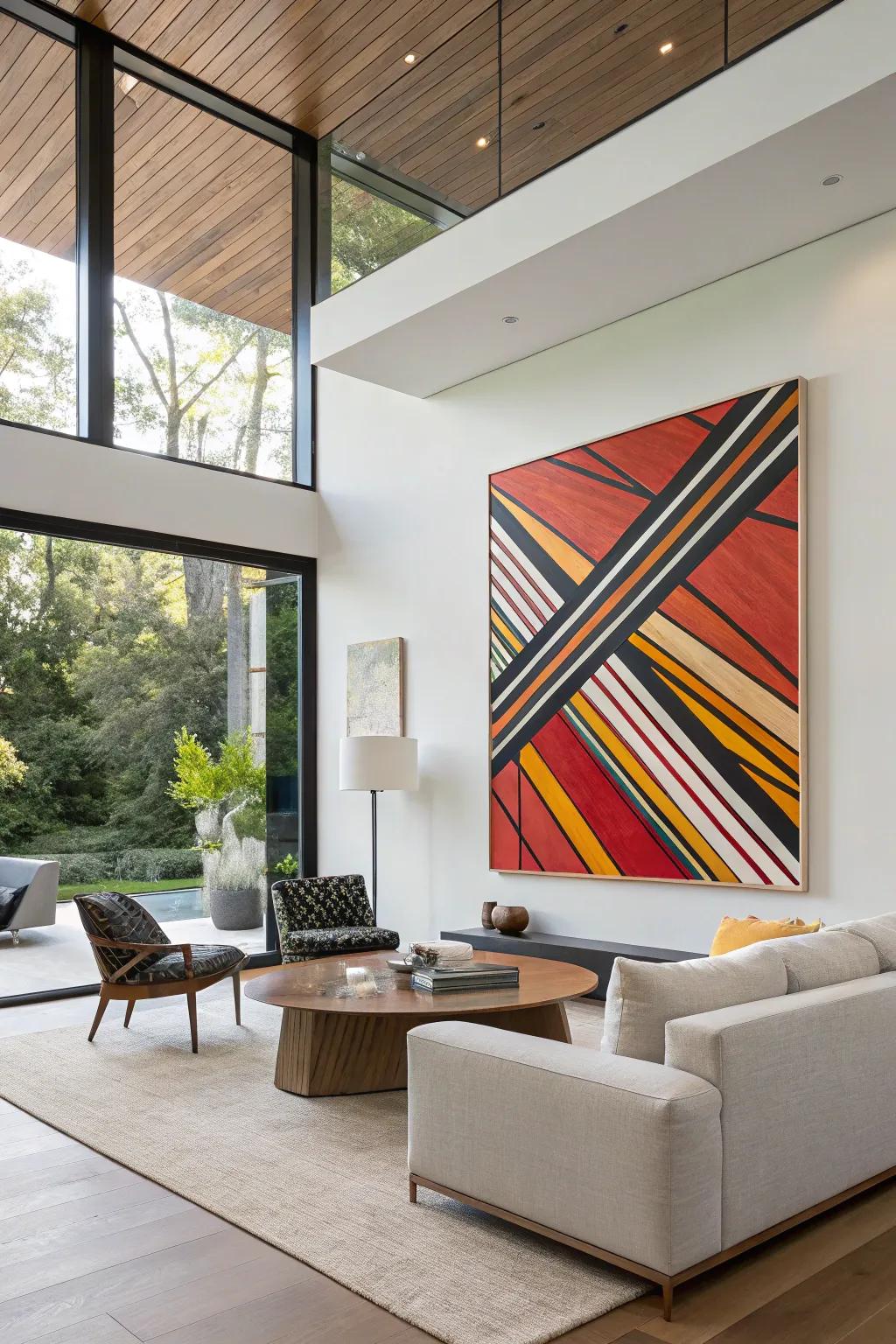 An abstract painting incorporating diagonal lines for added vitality.