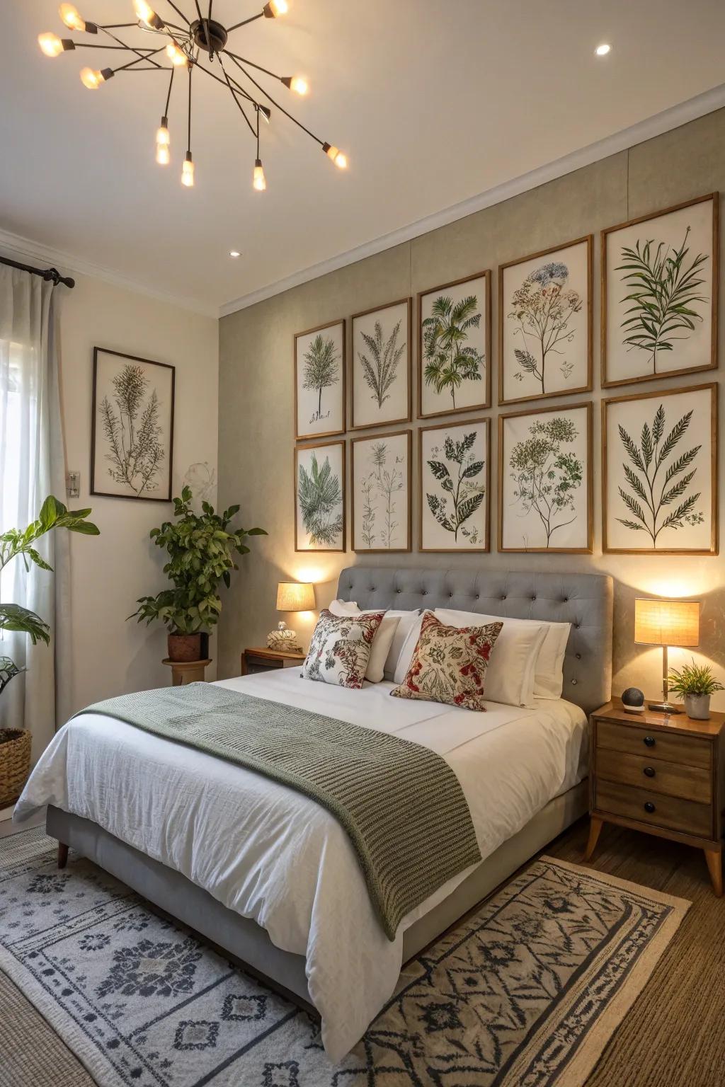 Organic-themed art showcasing botanical prints introduces a refreshing and peaceful vibe to this bedroom.