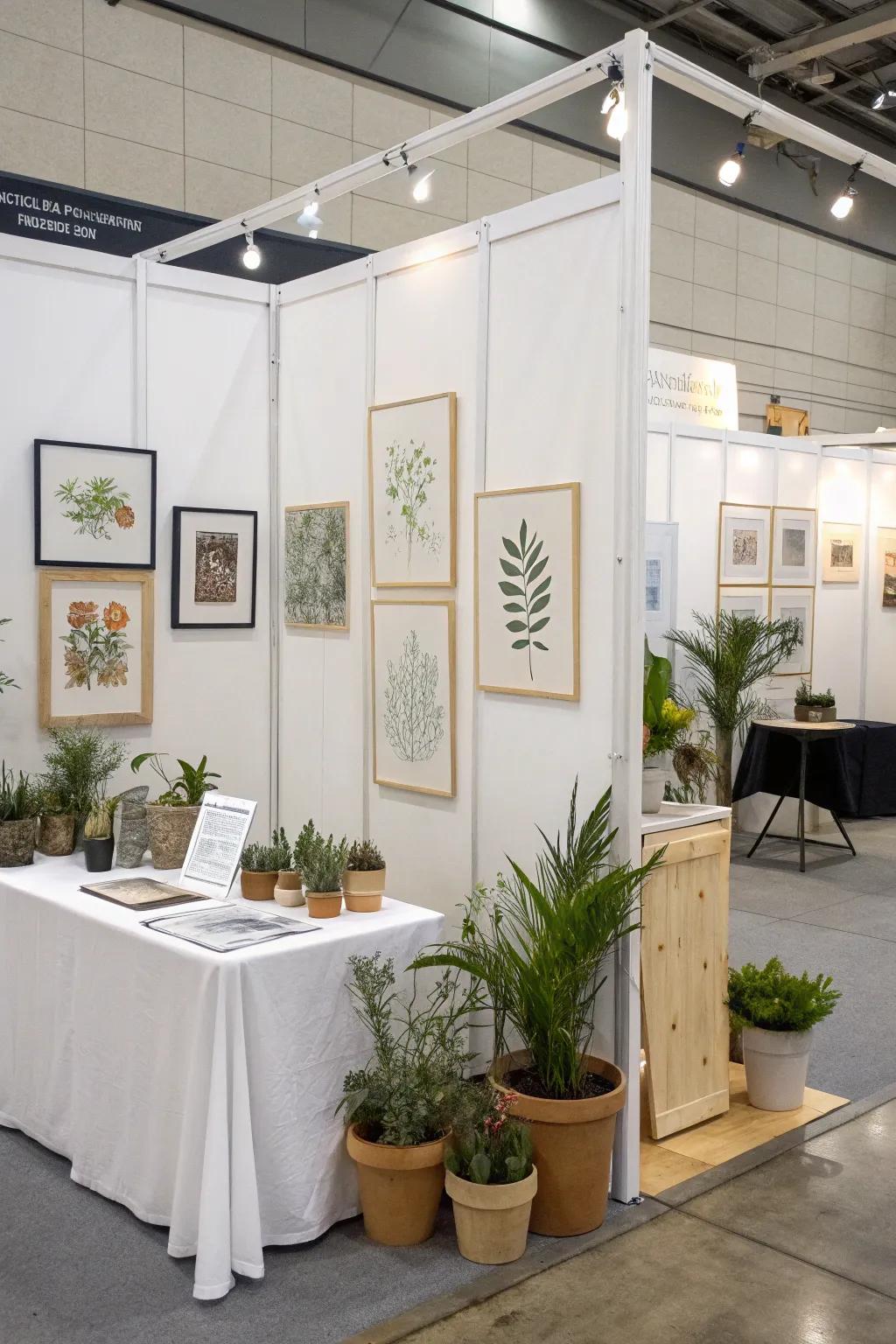 Decorative plants adding an organic element to the exhibit.