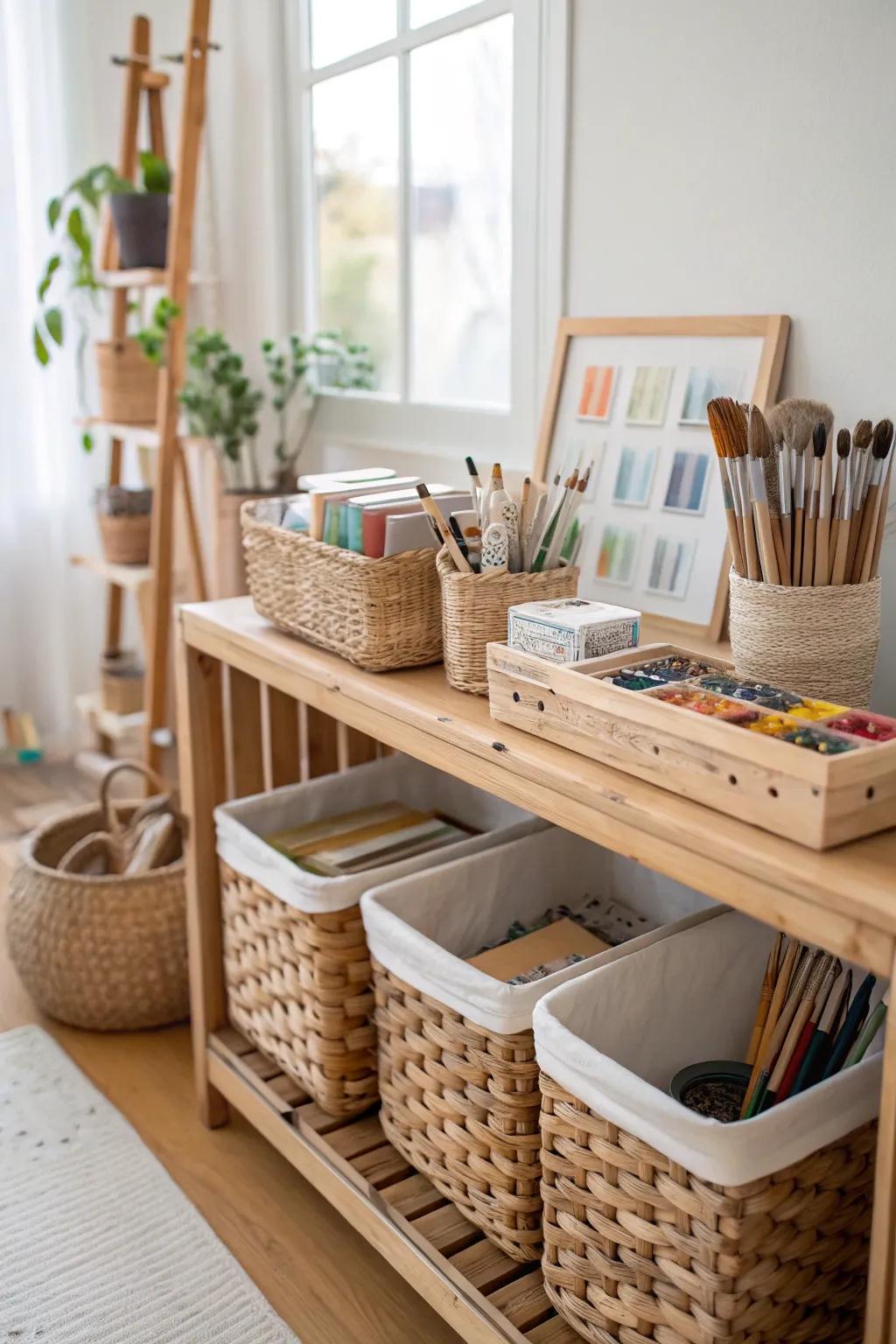 Baskets and bins provide neat arrangement for larger art materials.