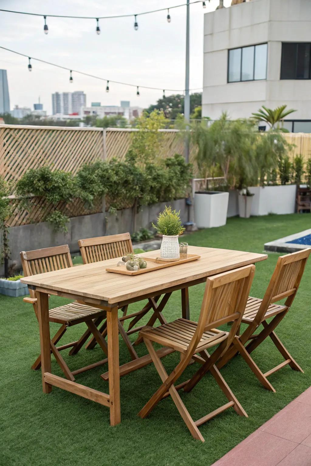 A chic eating space on lavish imitation turf.
