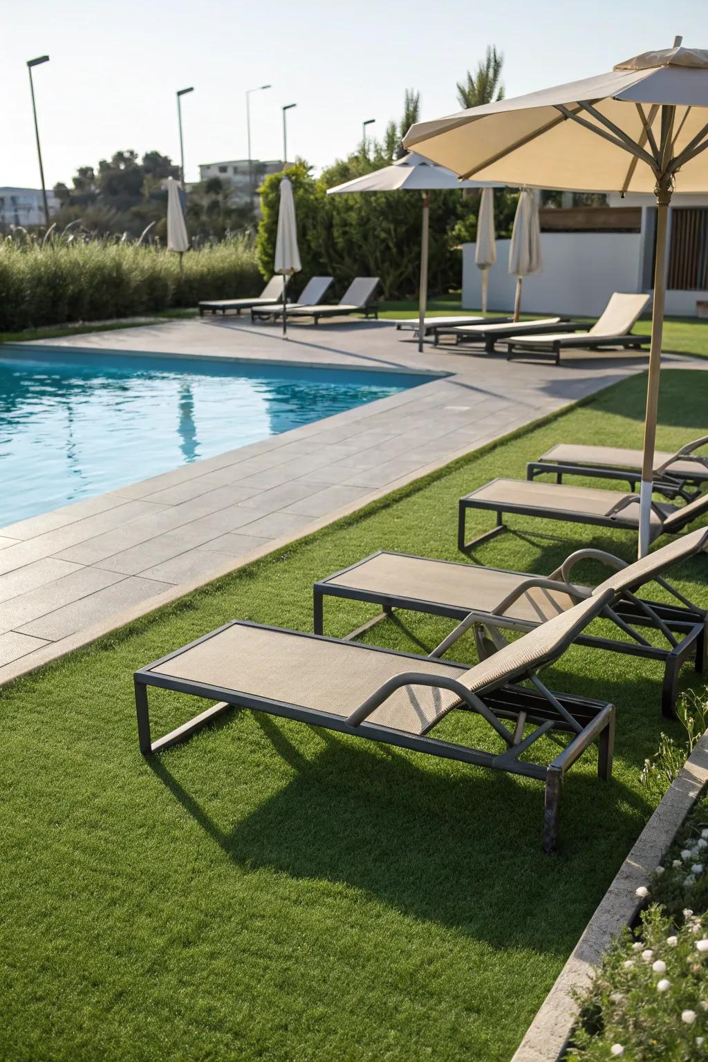 Render your poolside fashionable and protected using simulated turf.